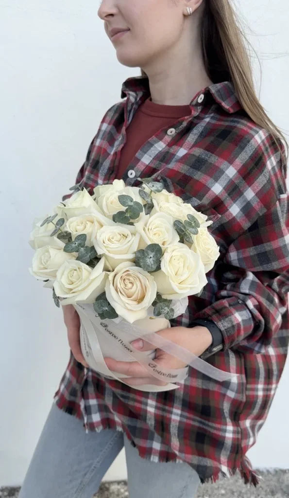 Garden White Roses in a Hat Box with eucalyptus arrangement