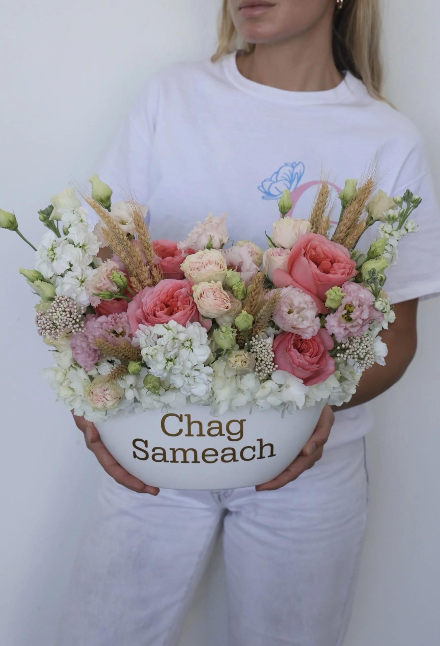 Happy shavuot centerpiece with premium garden roses, lisianthus, stock and wheat stalks
