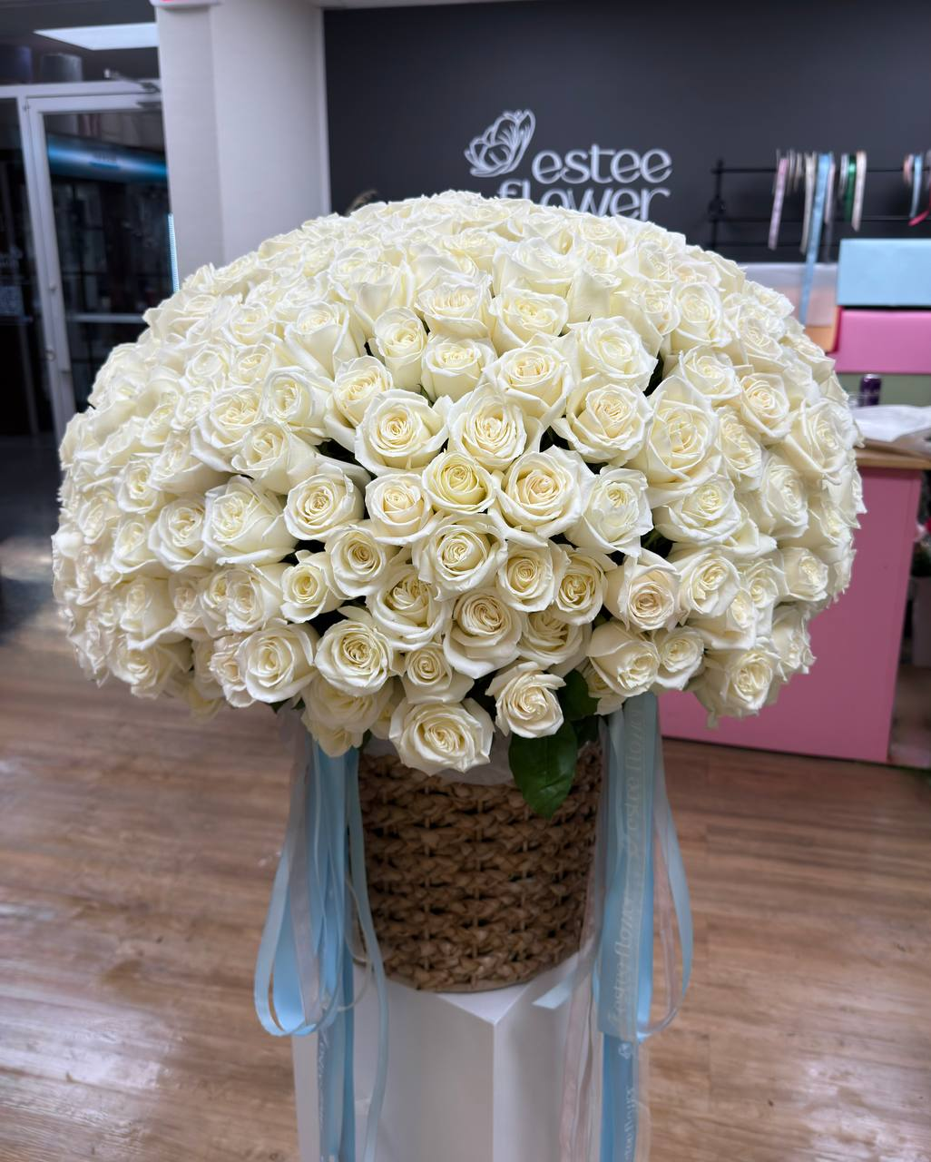 white garden roses basket Romantic Abundance in white woven basket