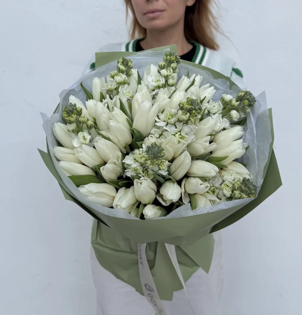 Mother’s Day Flowers: Which Flowers Truly Symbolize Motherhood 7 White tulips with stock bouquet with fragrant white stock flowers