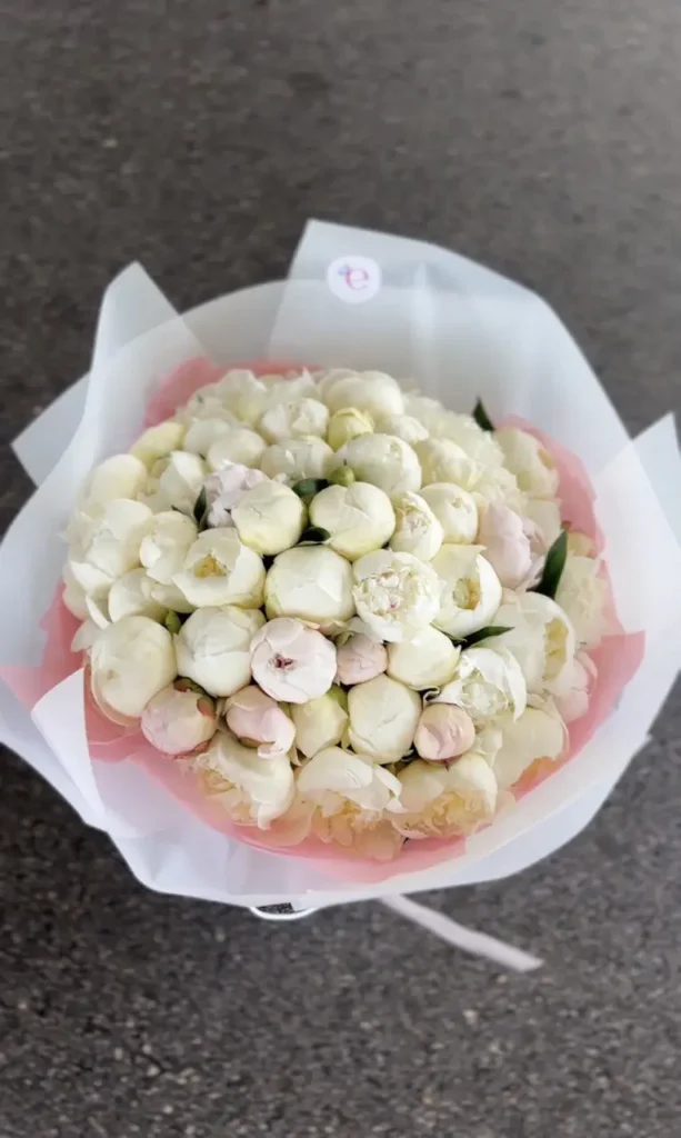 White peonies bouquet with chic white peonies and ruffled petals